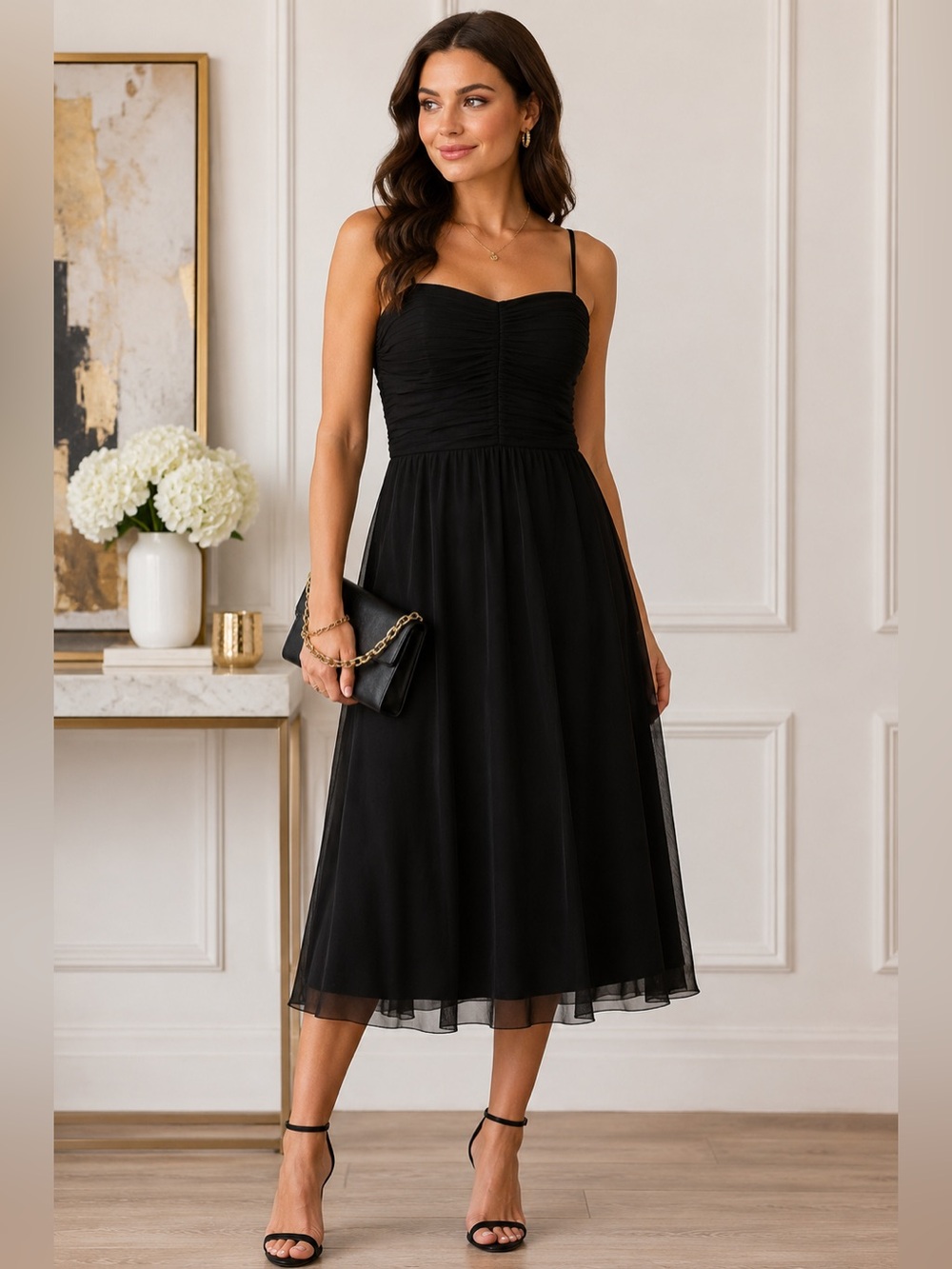 Eliza J Black Chiffon Midi Dress Ruched Bodice Formal Party Size 6